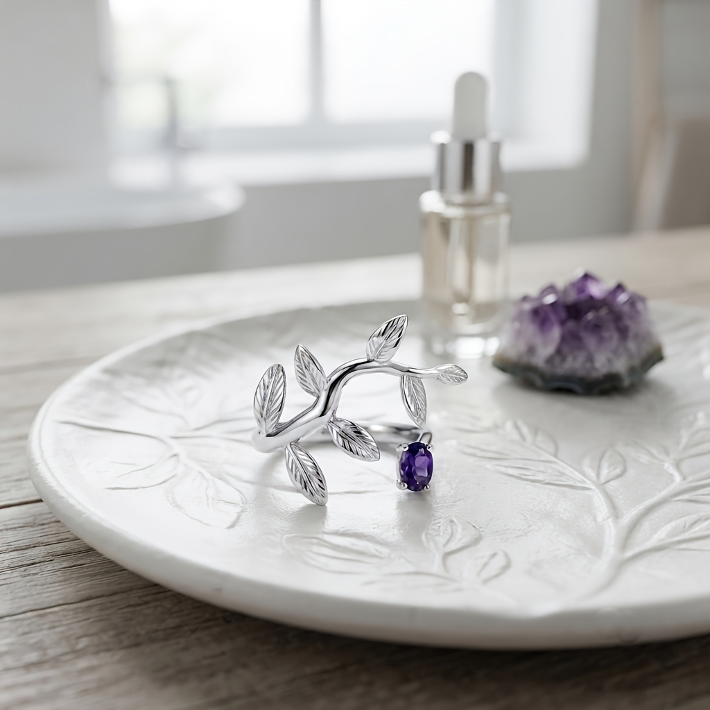 Light Luxury 3D Leaf Women's Open Ring with Zirconia